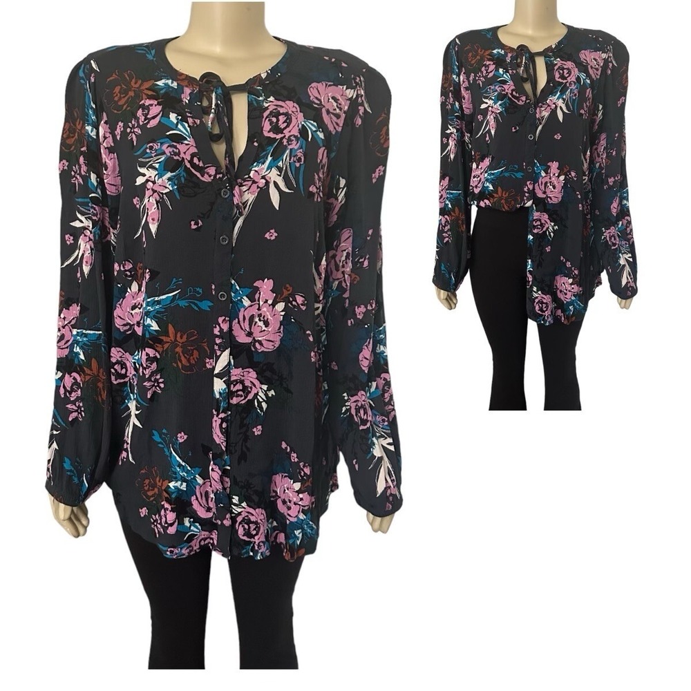 Torrid Floral Button Front Peasant Blouse Tunic Plus 2X Boho Long Sleeve Summer